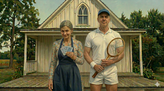 A couple aging well in an American Gothic pose